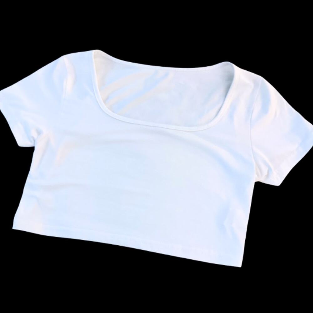 White Fitted Crop Top Short Sleeve Scoop Neck 100% Polyester Size S